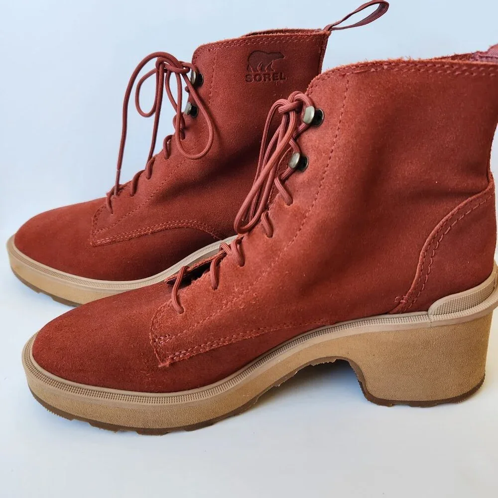 Sorel Hi-Line Heel Suede Lace-Up Platform Boots Orange Rust Red Fall Winter 9.5 - Picture 1 of 10